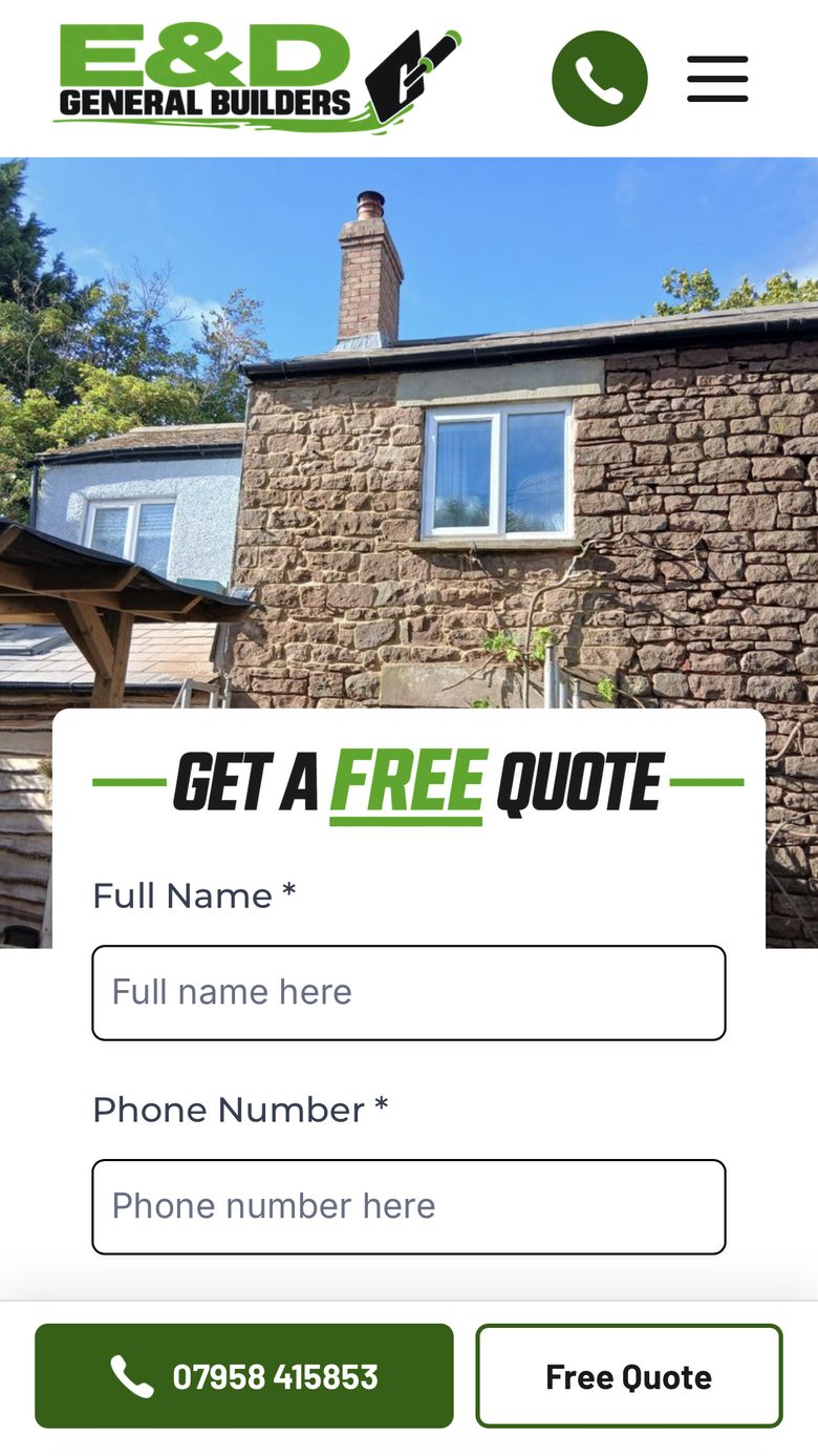 E&D General Builders website on a phone, built by Lead Titan